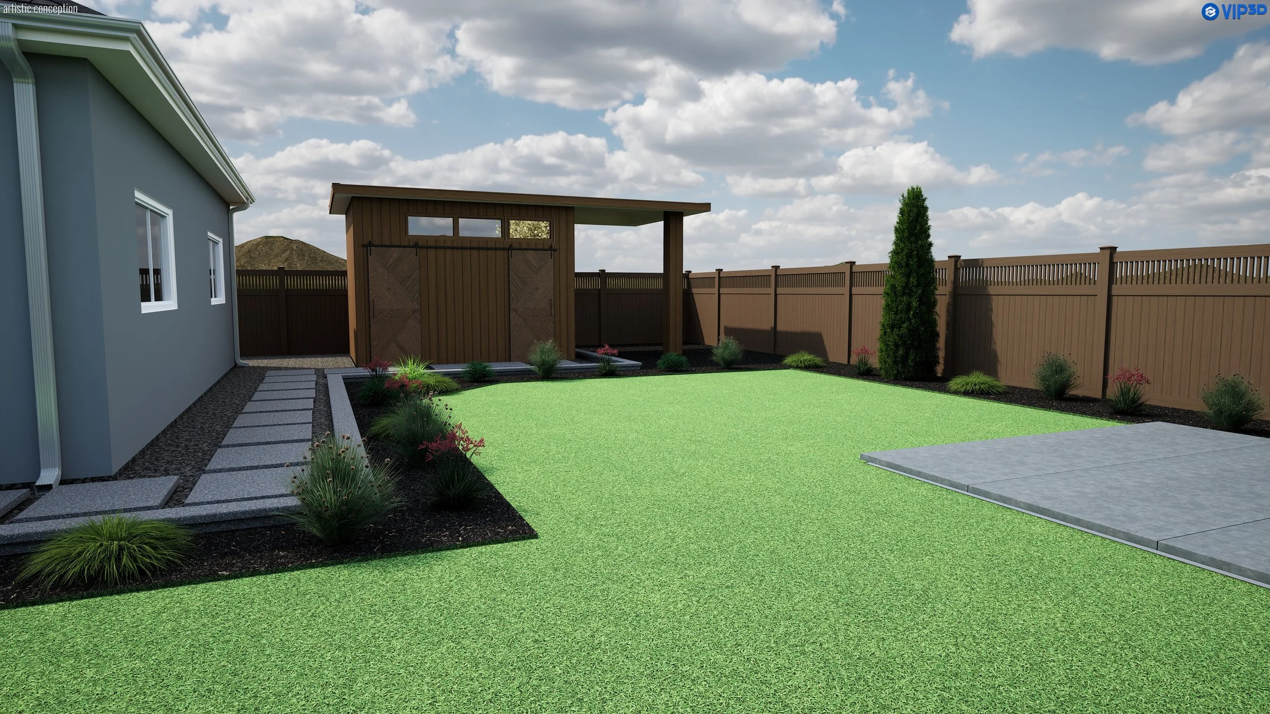 Backyard with a lawn, concrete patio, garden bed with plants, a wooden shed, and a brown fence. Part of a house with gray siding and white window frames is visible on the left.