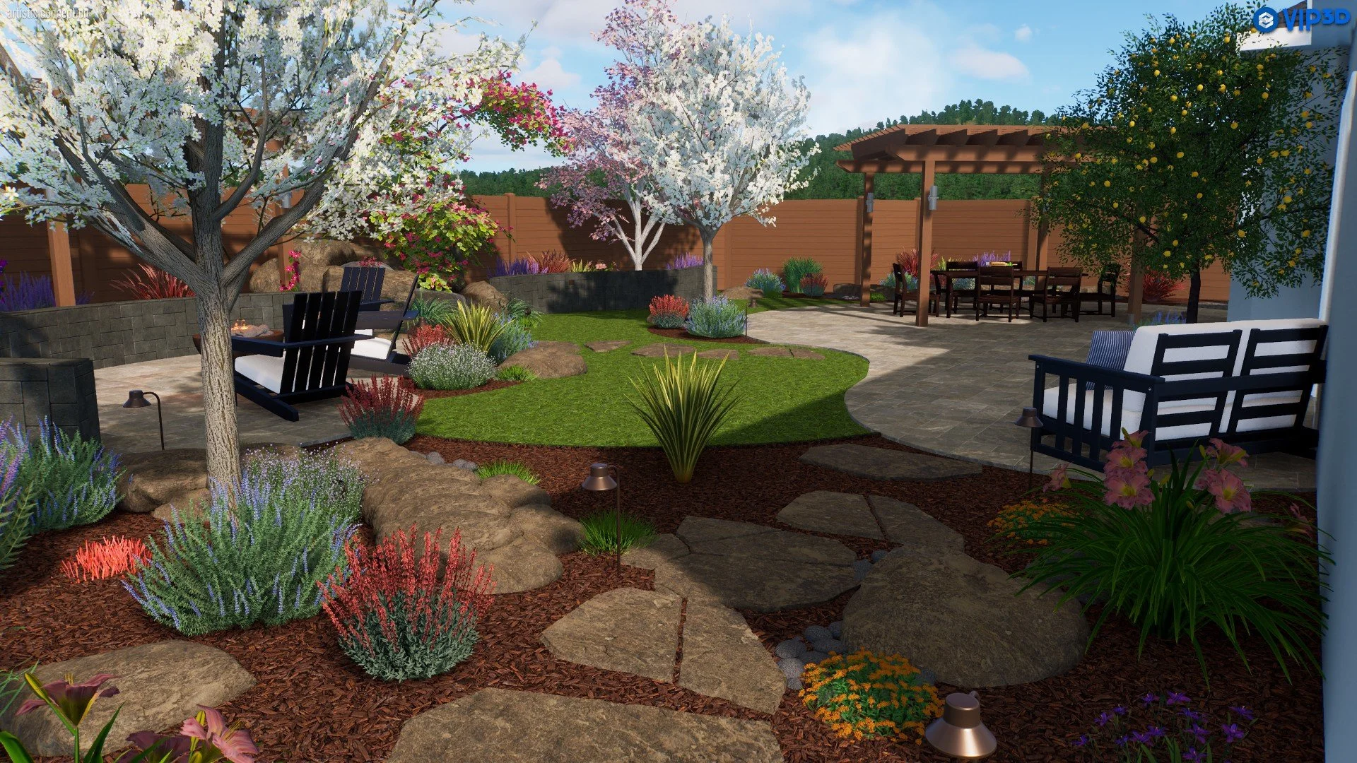 A beautifully landscaped backyard garden with blooming trees, colorful flowers, a stone pathway, and outdoor furniture including Adirondack chairs and a dining table with chairs under a wooden pergola.