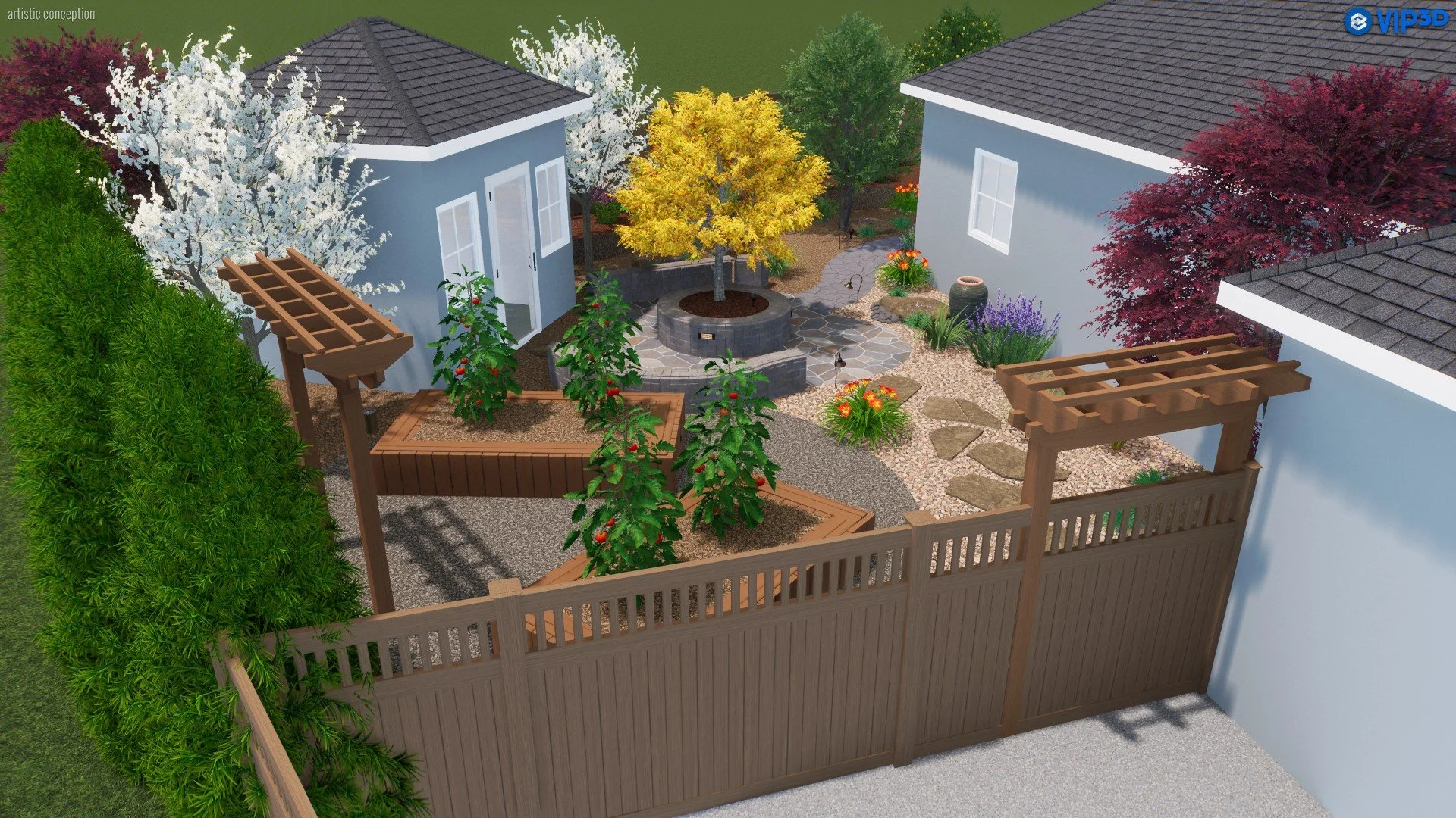 A landscaped backyard with a wooden fence, two small houses with gray shingle roofs, colorful trees, a stone pathway, and a central circular stone firepit surrounded by a tree with yellow leaves. There are various plants, flowers, and gardening struc
