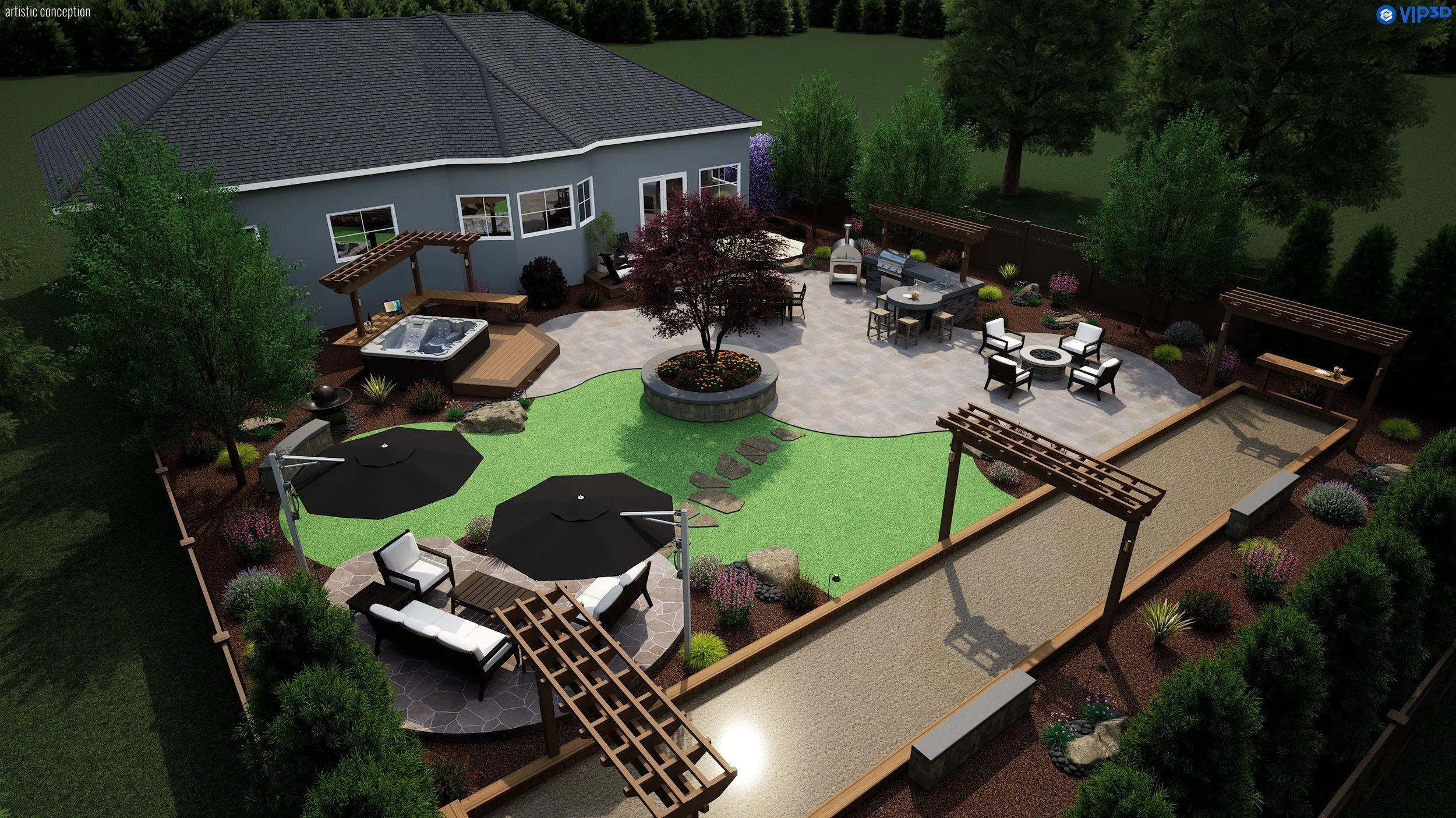 3D landscape rendering showing a rustic backyard patio, outdoor dining area, and landscape lighting