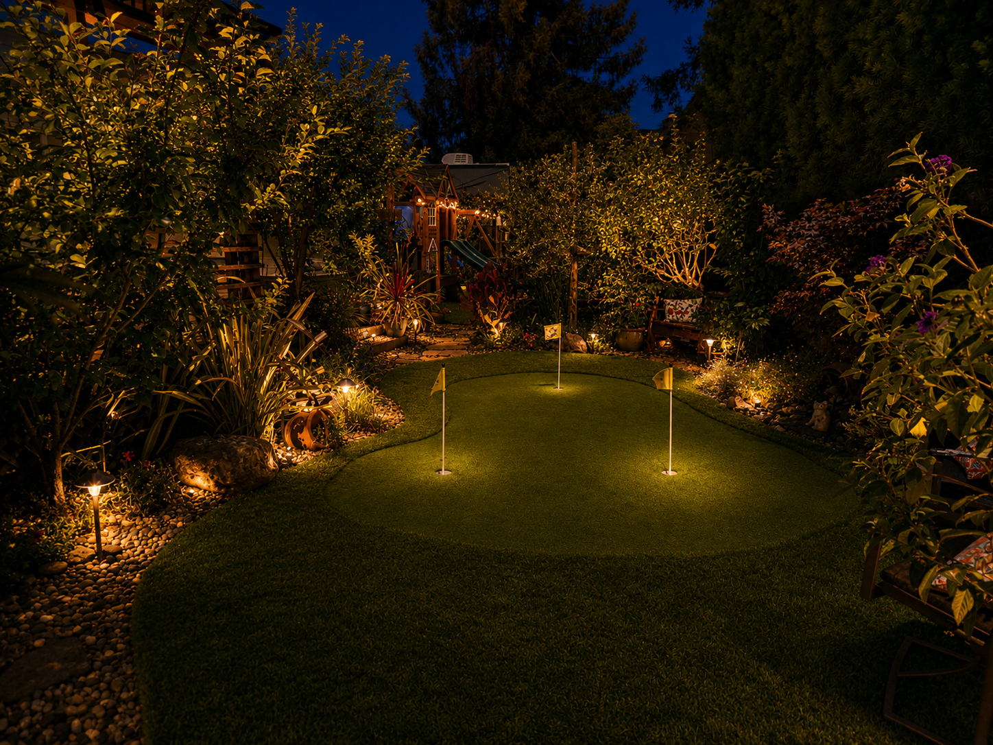 A backyard at night featuring a small putting green with three yellow flags, surrounded by decorative plants, shrubs, and garden lights, with a children's play structure in the background.