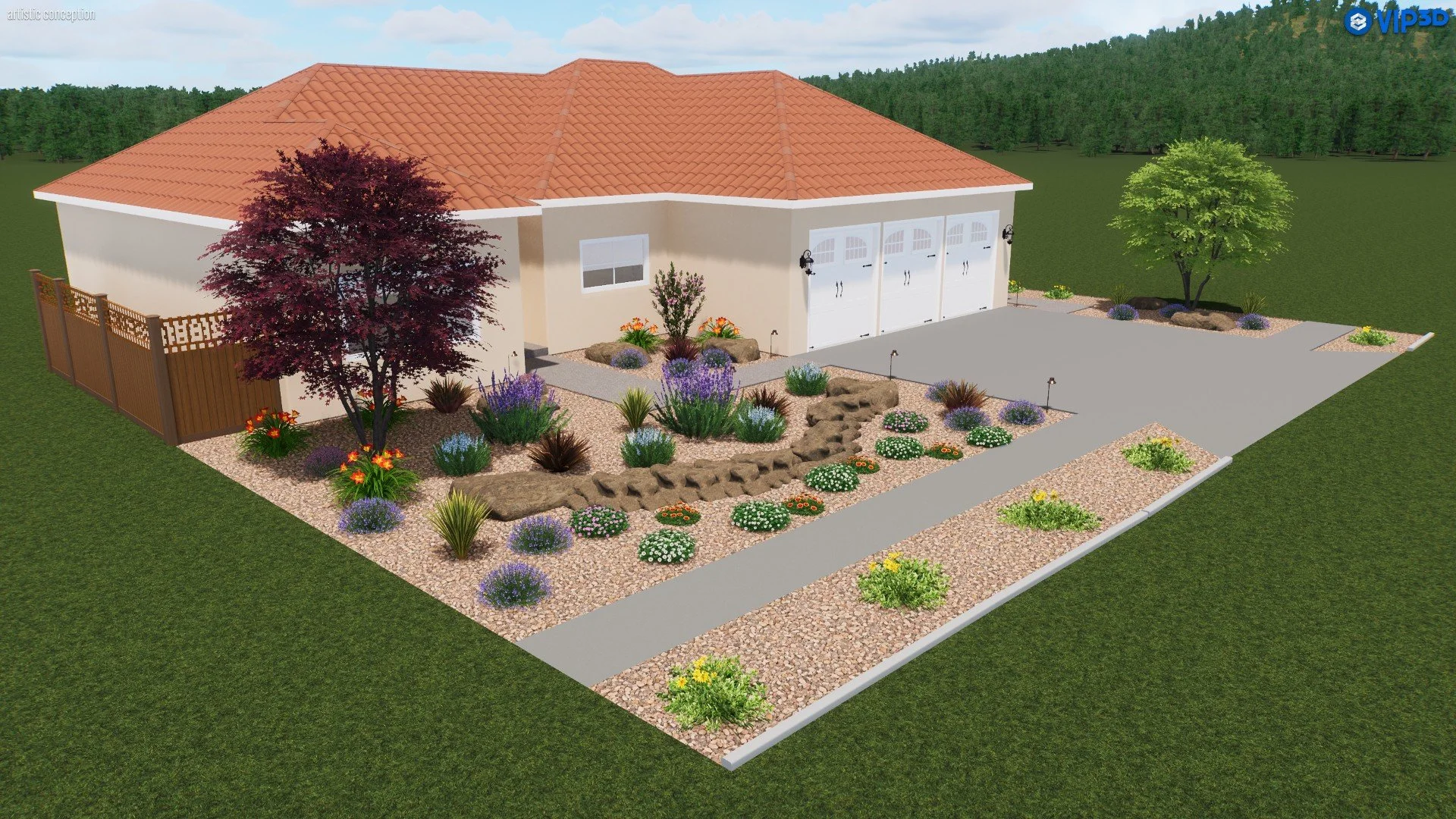 A computer-generated image of a house with a red tiled roof, white exterior walls, and a three-car garage. The front yard features desert landscaping with gravel, rocks, colorful flowers, and trees, with a sidewalk and driveway leading to the garage.