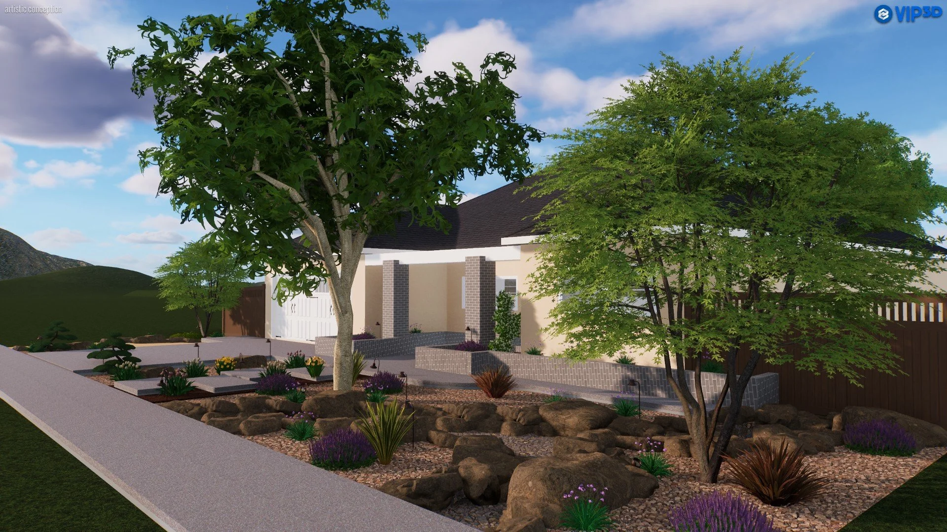 A modern house with a landscaped front yard featuring trees, rocks, and flowering plants, with a sidewalk in the foreground and mountains in the background under a partly cloudy sky.