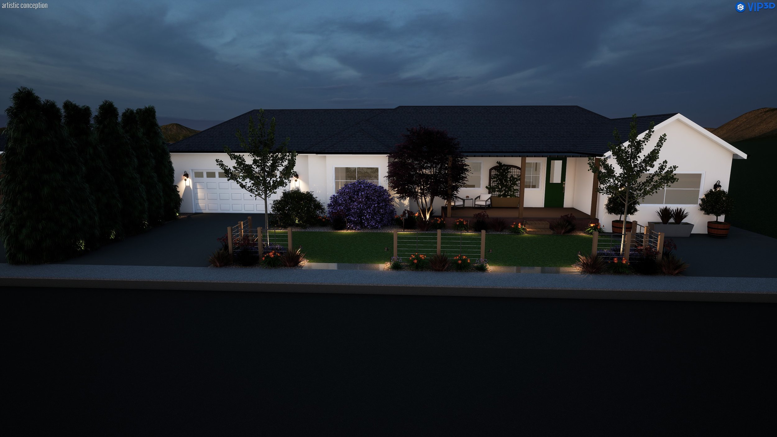 Nighttime view of a modern single-story house with a dark roof, white exterior walls, a front porch with seating, illuminated outdoor lighting, three trees, and a small lawn, under a cloudy sky.