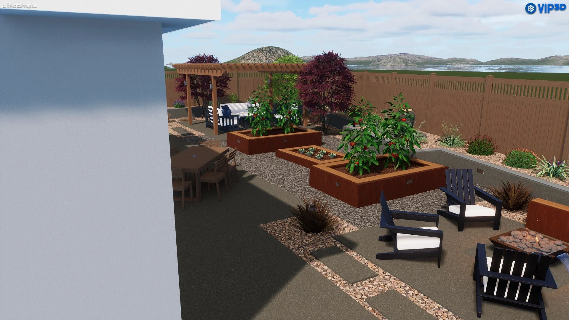 Design rendering of a backyard patio with seating area, raised garden beds with fruit plants, a pergola, and landscape with trees and mountains in the background.
