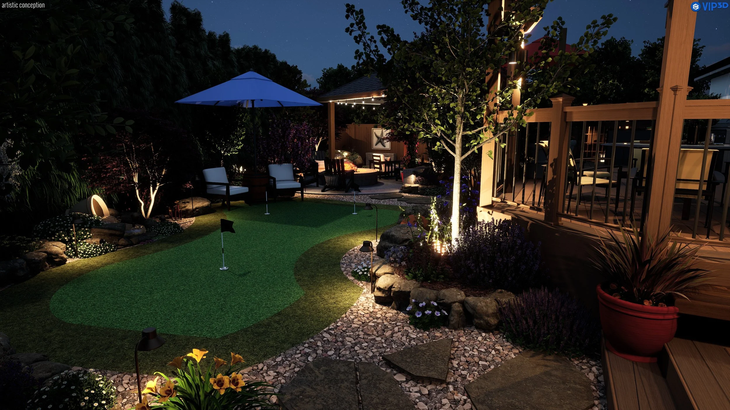 Nighttime backyard with illuminated trees, outdoor seating, a small golf putting green, and garden lights.