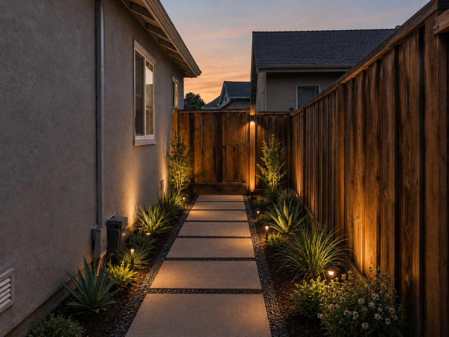 A narrow backyard pathway at dusk, bordered by plants and illuminated with small ground lights, leading to a wooden fence at the end.