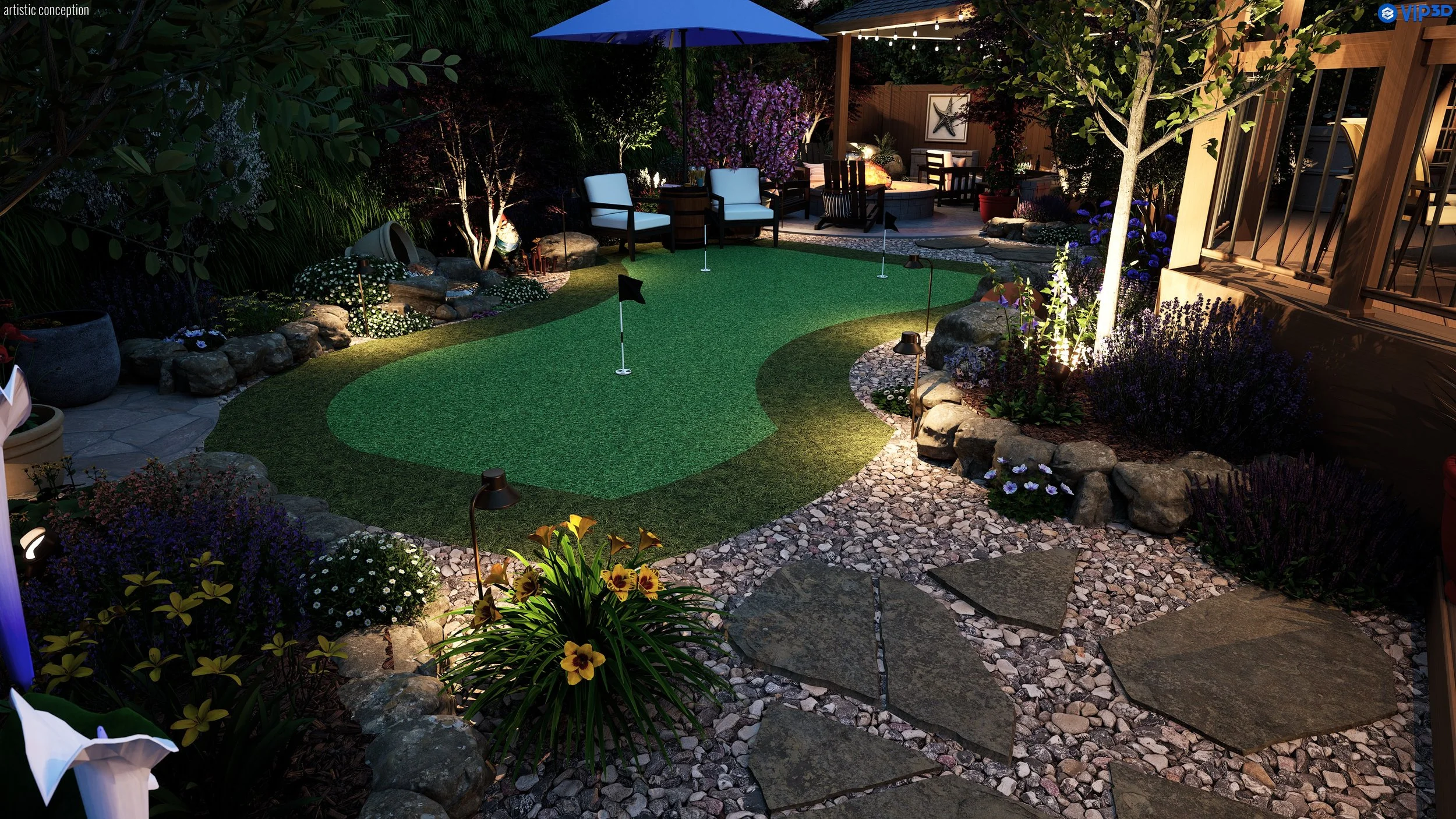 Nighttime backyard scene with a putting green, small flags, garden lights, patio furniture, trees, and plants surrounding the area.