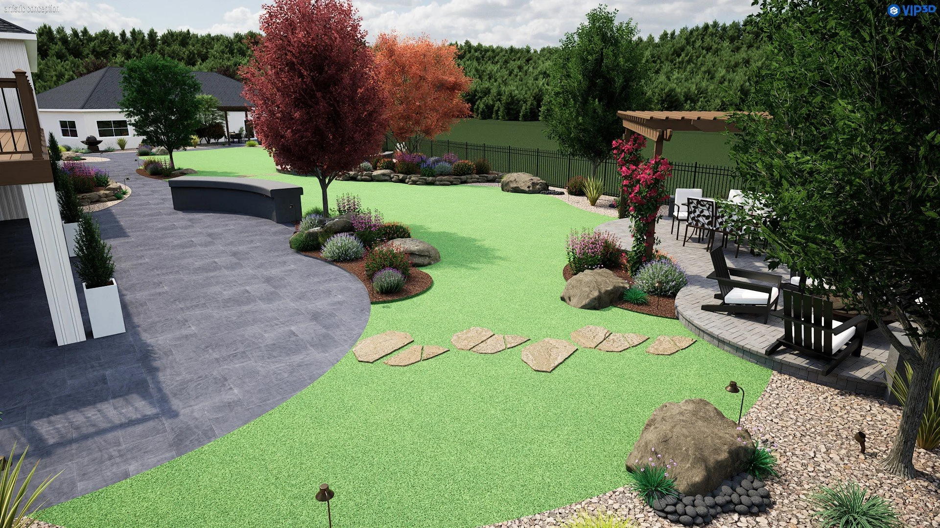3D landscape rendering showing a spacious estate yard with patio areas, raised planters, and synthetic turf