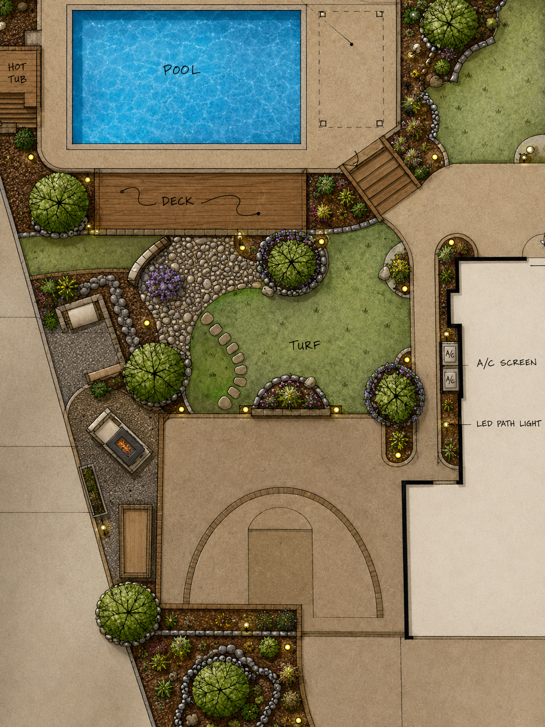 Landscape layout of a backyard with a pool, deck, turf area, hot tub, firepit, walkways, and garden beds.