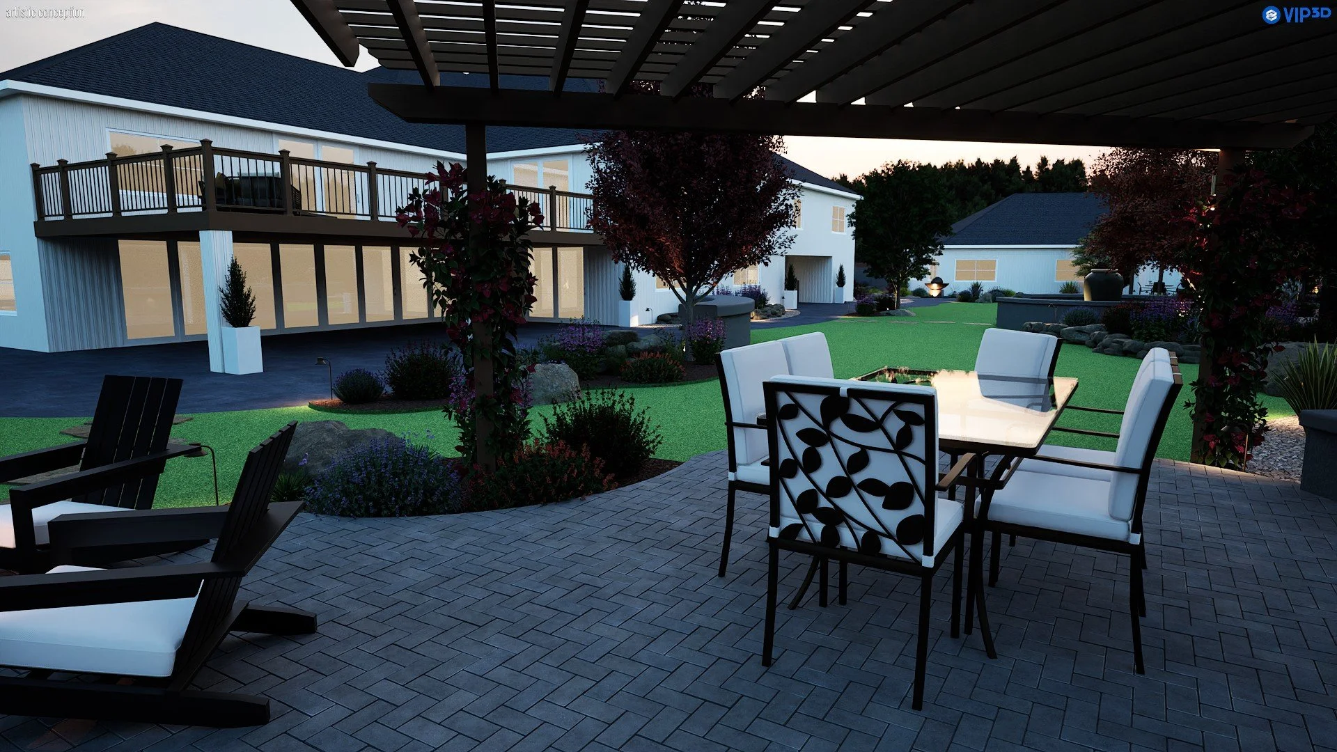 Large backyard design in Pleasanton, CA with curved walkways, decorative rock, and outdoor living areas. 