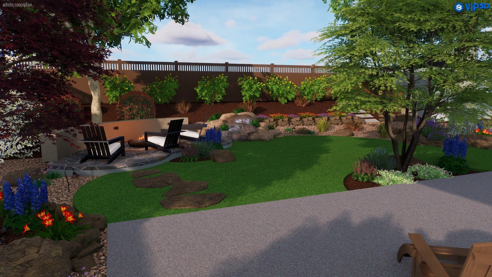 A landscaped backyard garden with a grassy area, stone pathway, trees, and colorful flowers. There are two Adirondack chairs around a fire pit on a stone patio, with a wooden fence and a blue sky with clouds in the background.