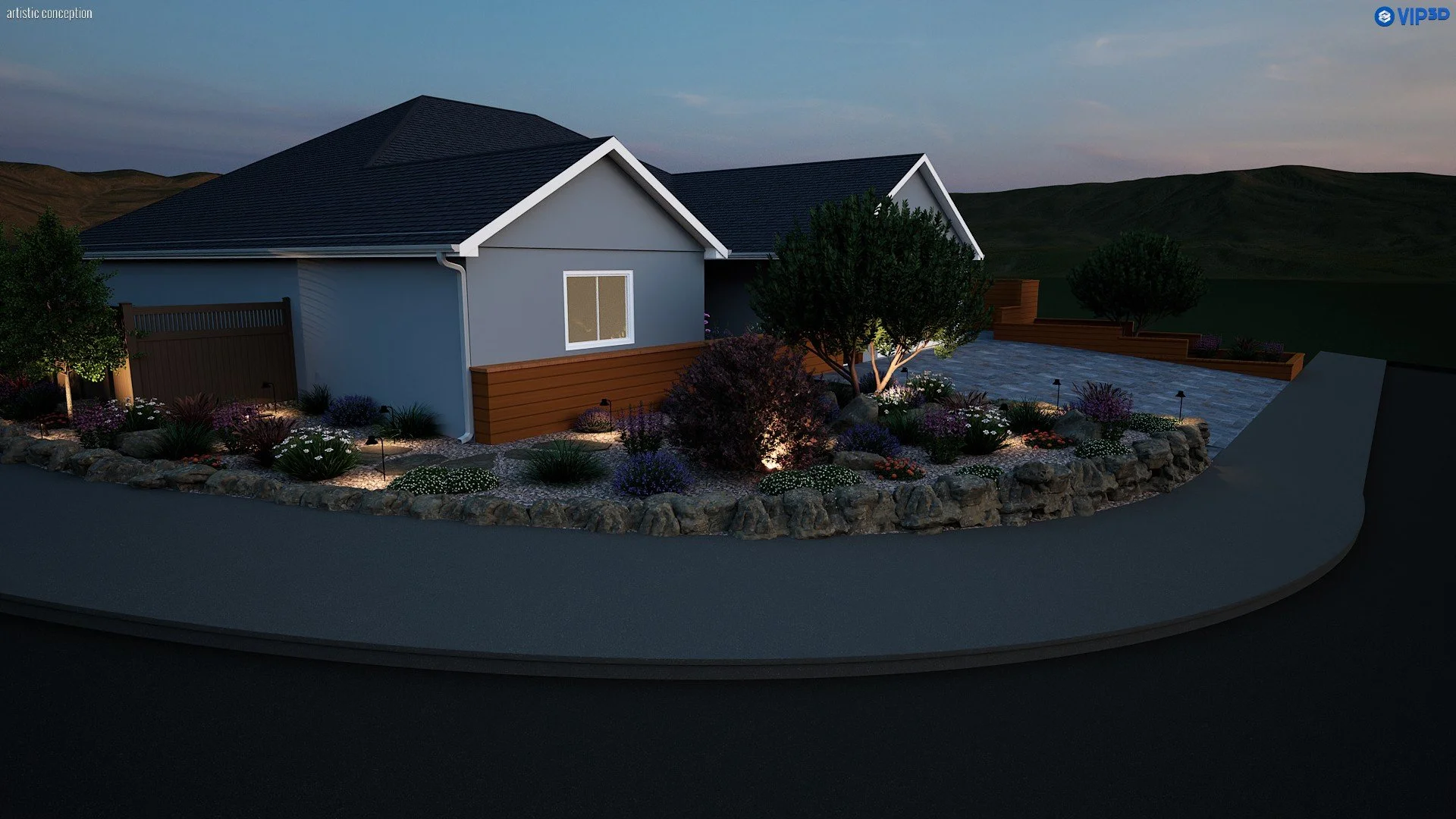 Night view of a house with a landscaped garden, trees, colorful flowers, and pathway lighting in a scenic outdoor setting.