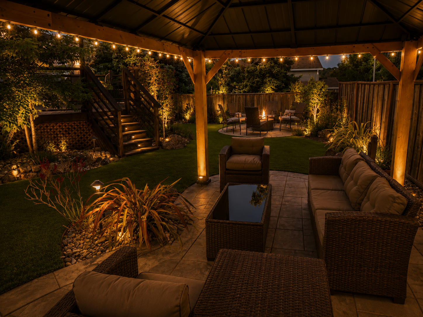 A backyard featuring a gazebo surrounded by patio furniture, creating a cozy outdoor relaxation space.