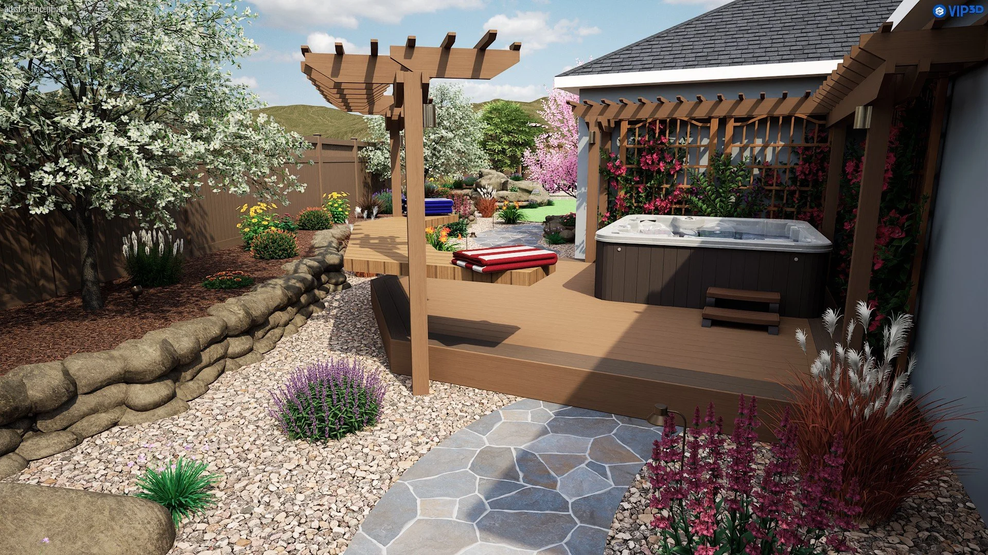 Dublin, CA backyard design concept with turf, boulders, decorative rock, garden boxes, and landscape lighting. 