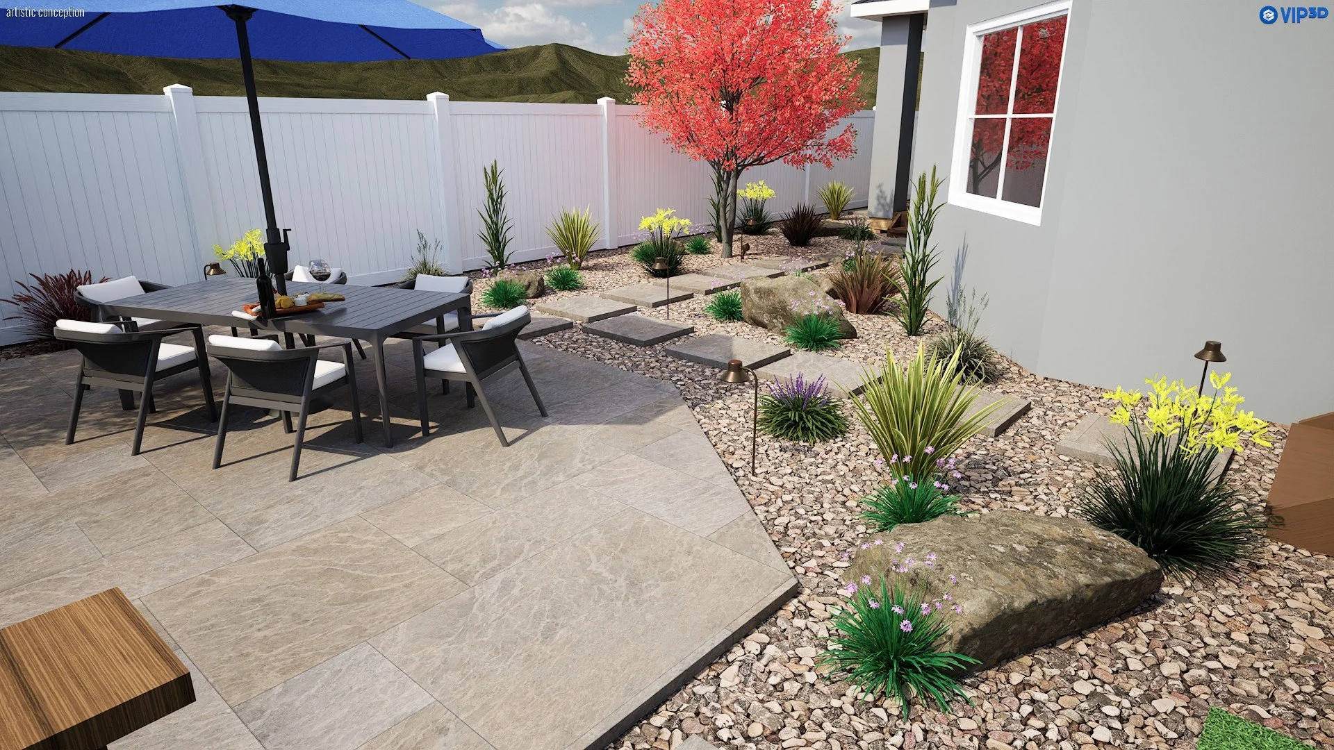 Alamo townhome landscape design concept with stepping stone walkway, decorative rock, and synthetic turf