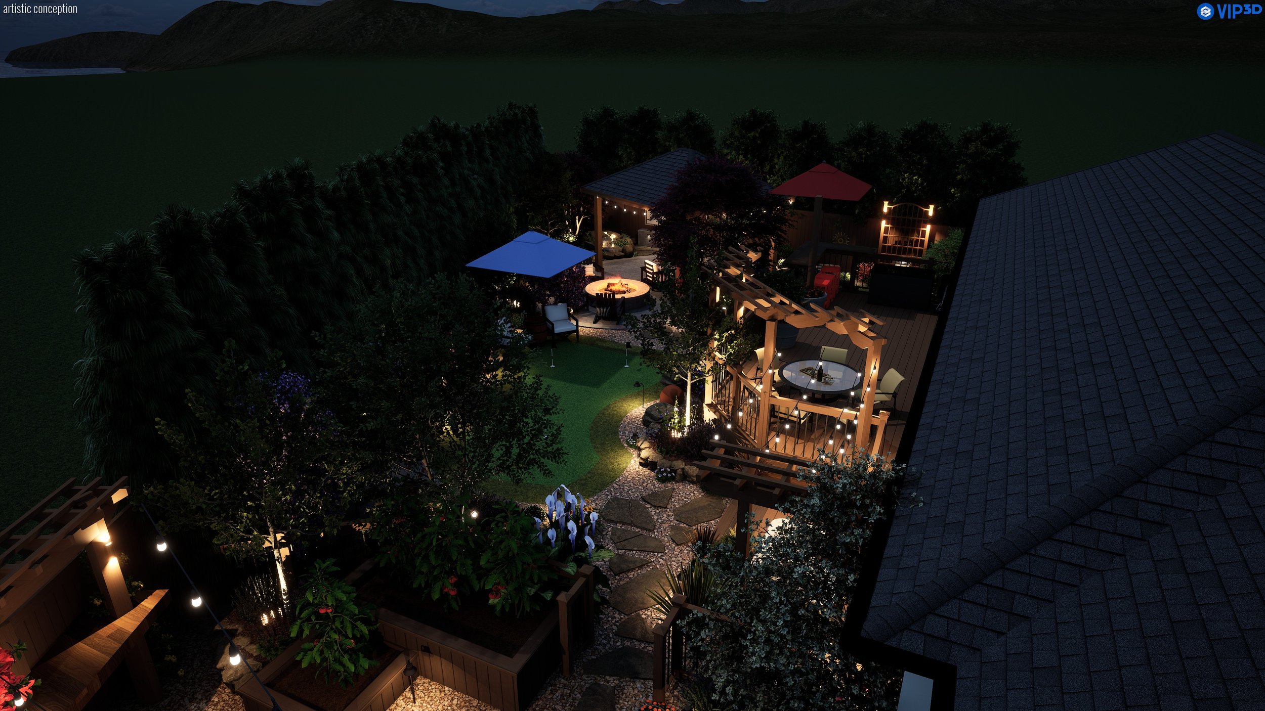 A backyard at night with illuminated outdoor furniture, string lights, trees, a grassy area, and a patio with an umbrella and seating, surrounded by a wooded landscape and hills in the distance.