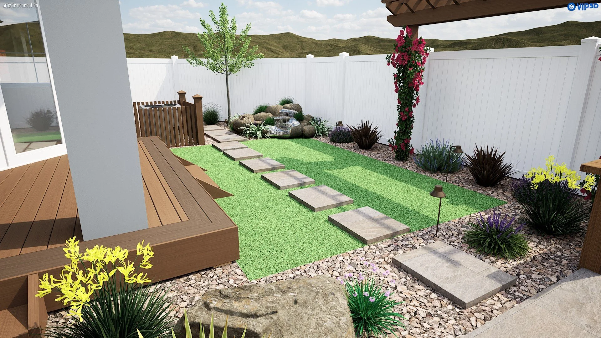 Compact outdoor living design with turf, pavers, planting, and modern low-maintenance features.
