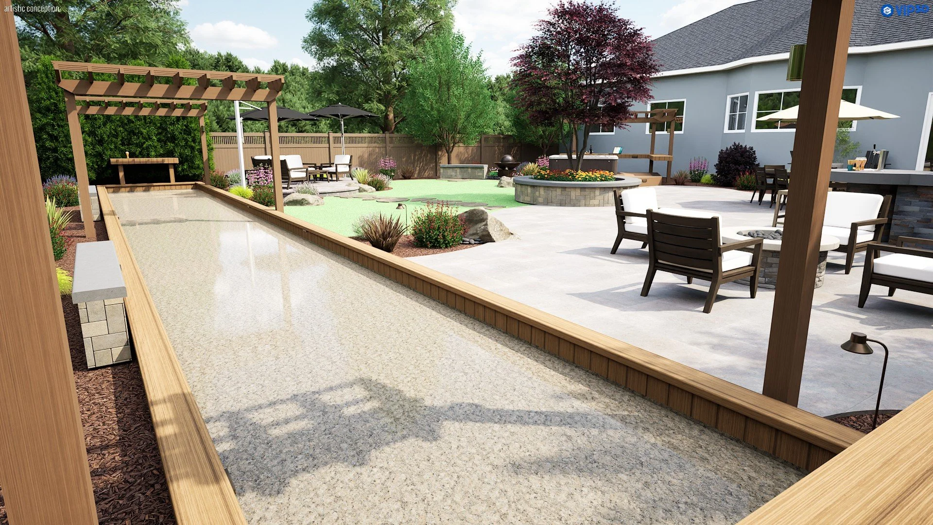 Castro Valley 3D backyard design with low-maintenance planting, decorative rock, and wood accents. 