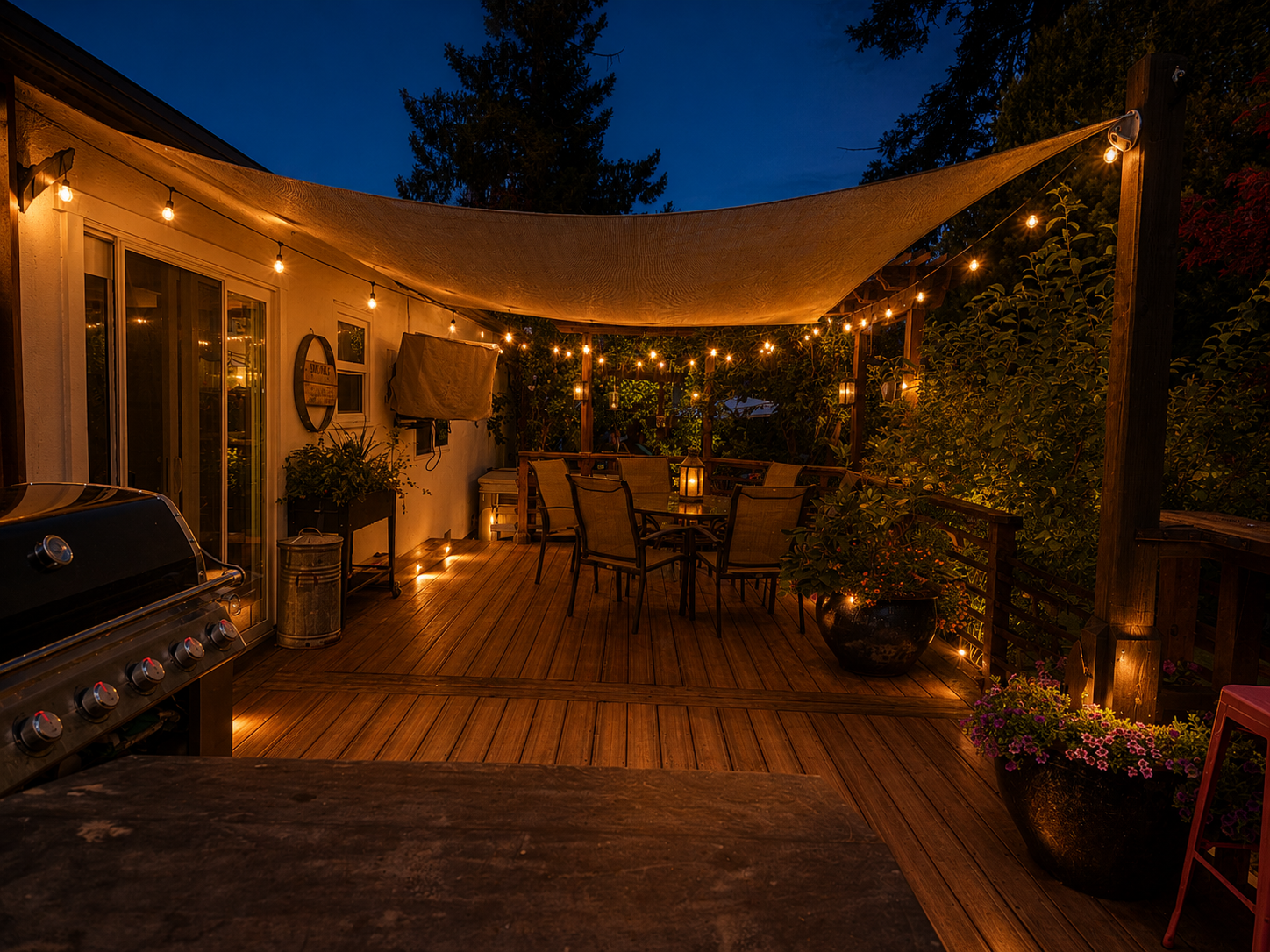 A cozy outdoor patio with string lights, a table with chairs, a barbecue grill, potted plants, and a wood deck at dusk.