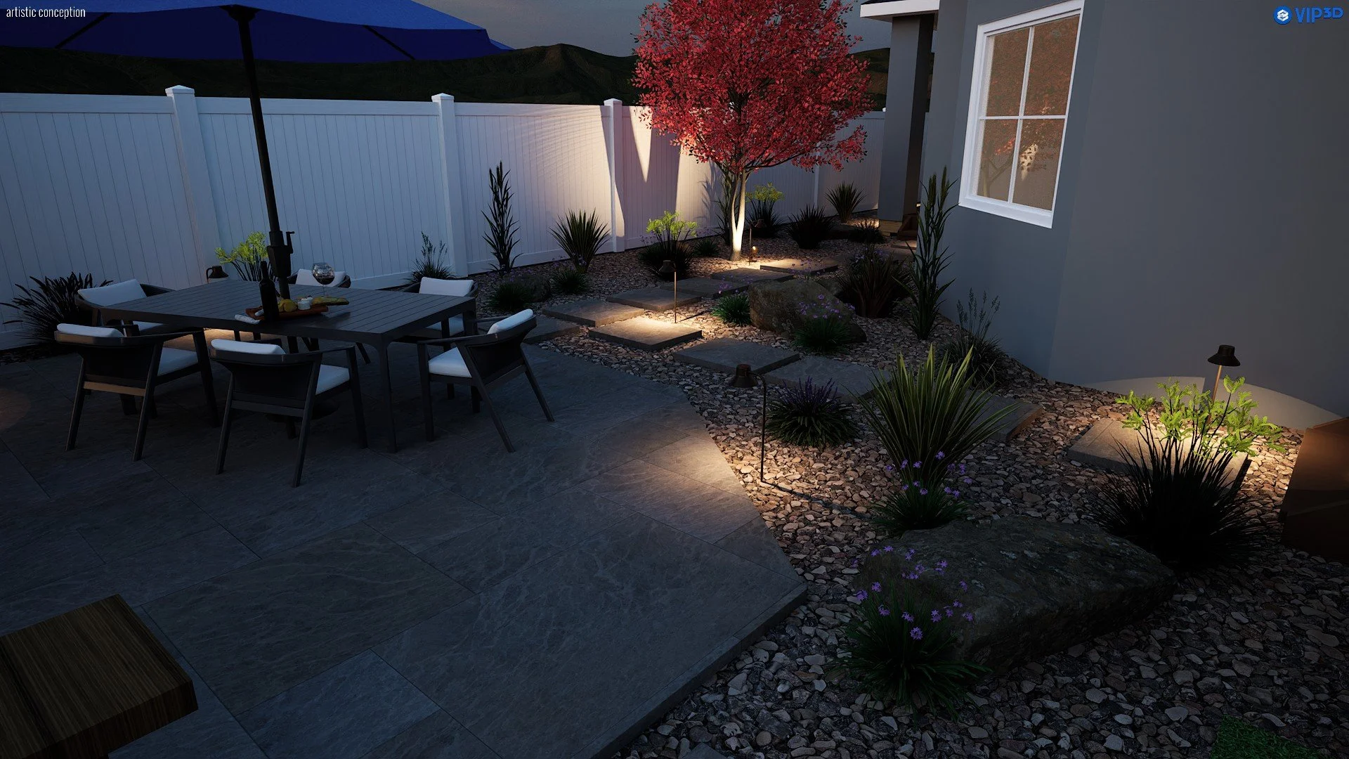 Alamo side yard landscape design with stepping stones, planting, decorative rock, and custom water feature. 