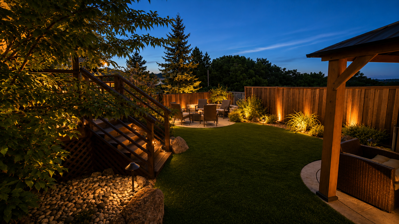 A backyard patio at dusk with outdoor seating, warm lighting, a wooden fence, trees, and a grassy lawn.