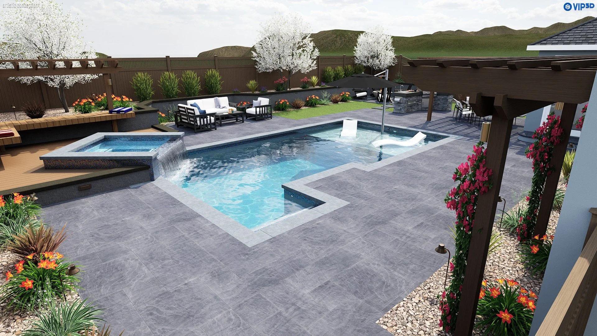 Livermore side yard landscape design with planting, decorative rock, walkway, and lighting. 