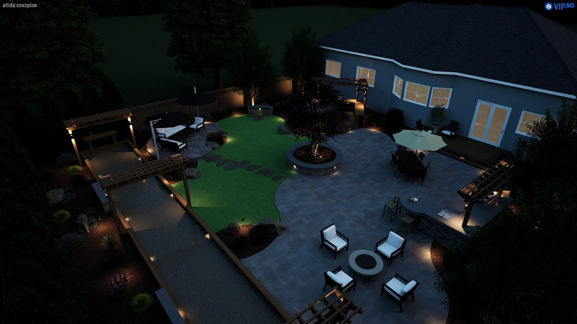 Castro Valley 3D backyard design with low-maintenance planting, decorative rock, and wood accents