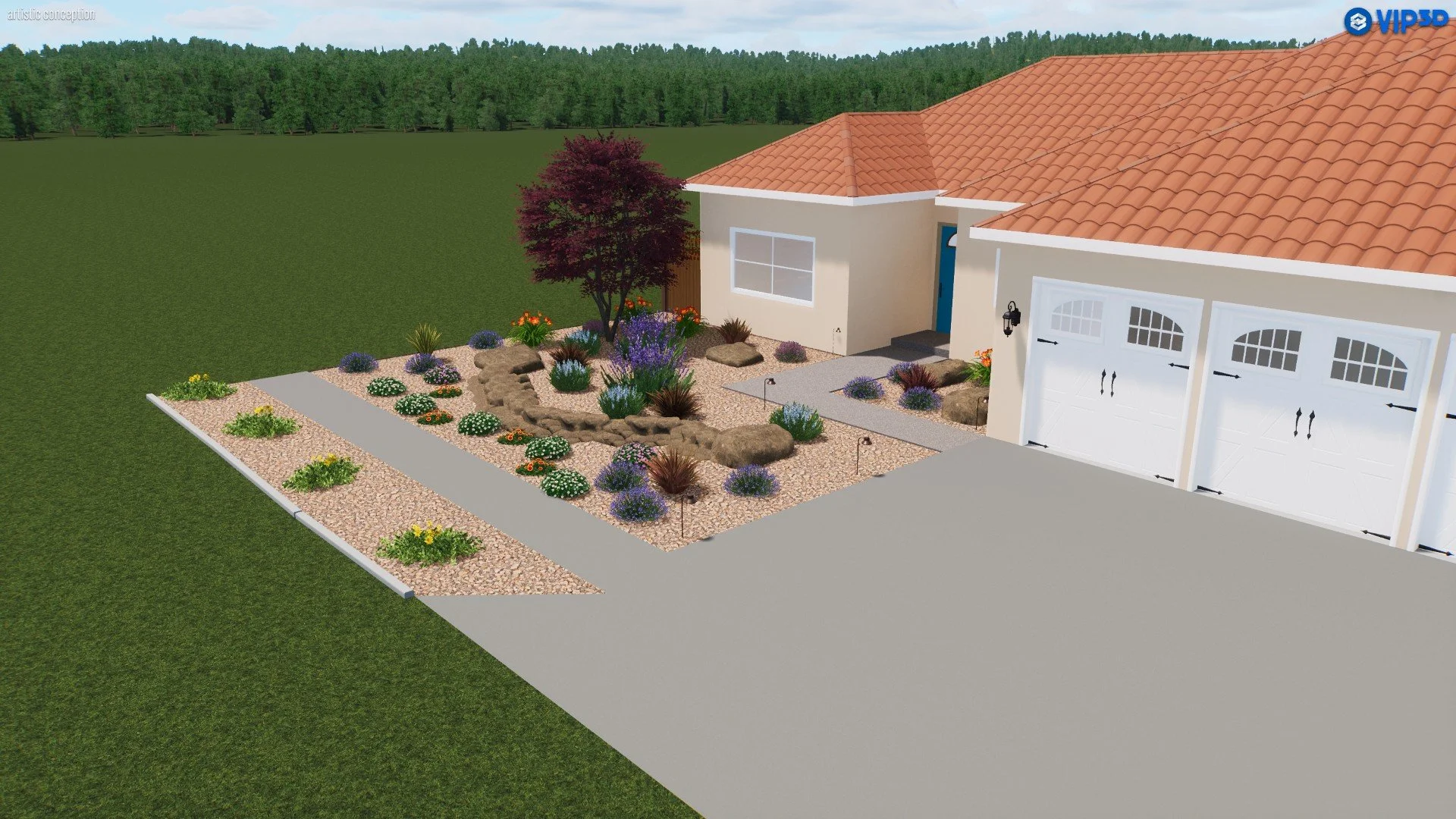 A front yard landscape design featuring a mix of plants, flowers, small shrubs, and rocks, with a walkway leading to the house entrance. The house has a terracotta tiled roof, light-colored walls, and white garage doors. There is a tree with reddish-