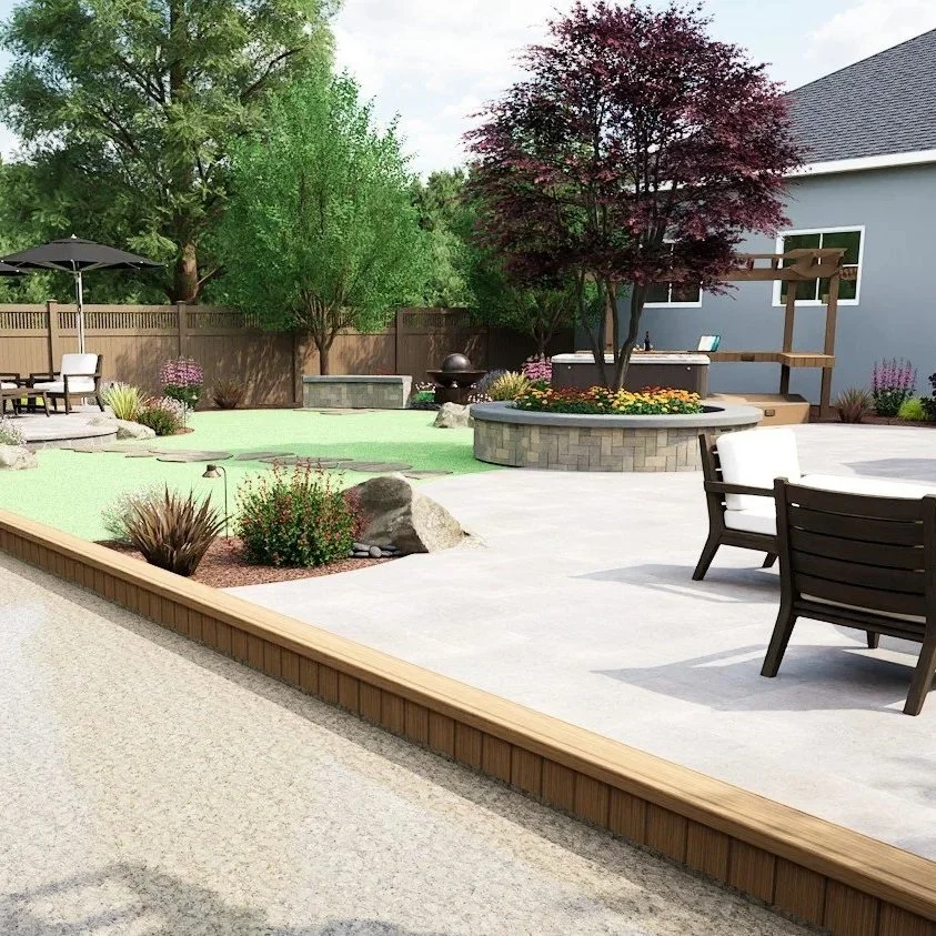 Backyard patio with lounge chairs, a small table with an umbrella, a fire pit, mature trees, a fence, landscaped plants, and a house with a deck.