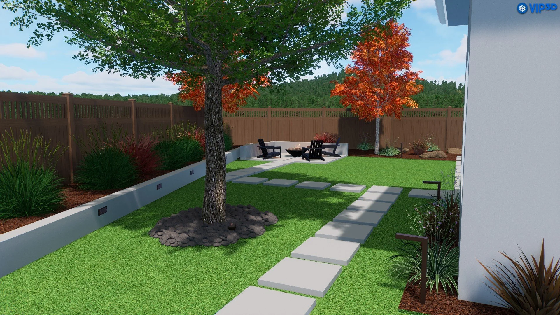 A backyard with a green lawn and a stone pathway leading to a sitting area with four black Adirondack chairs. There are two trees with autumn-colored leaves, surrounded by shrubs, a white fence, and a mountain landscape in the background.
