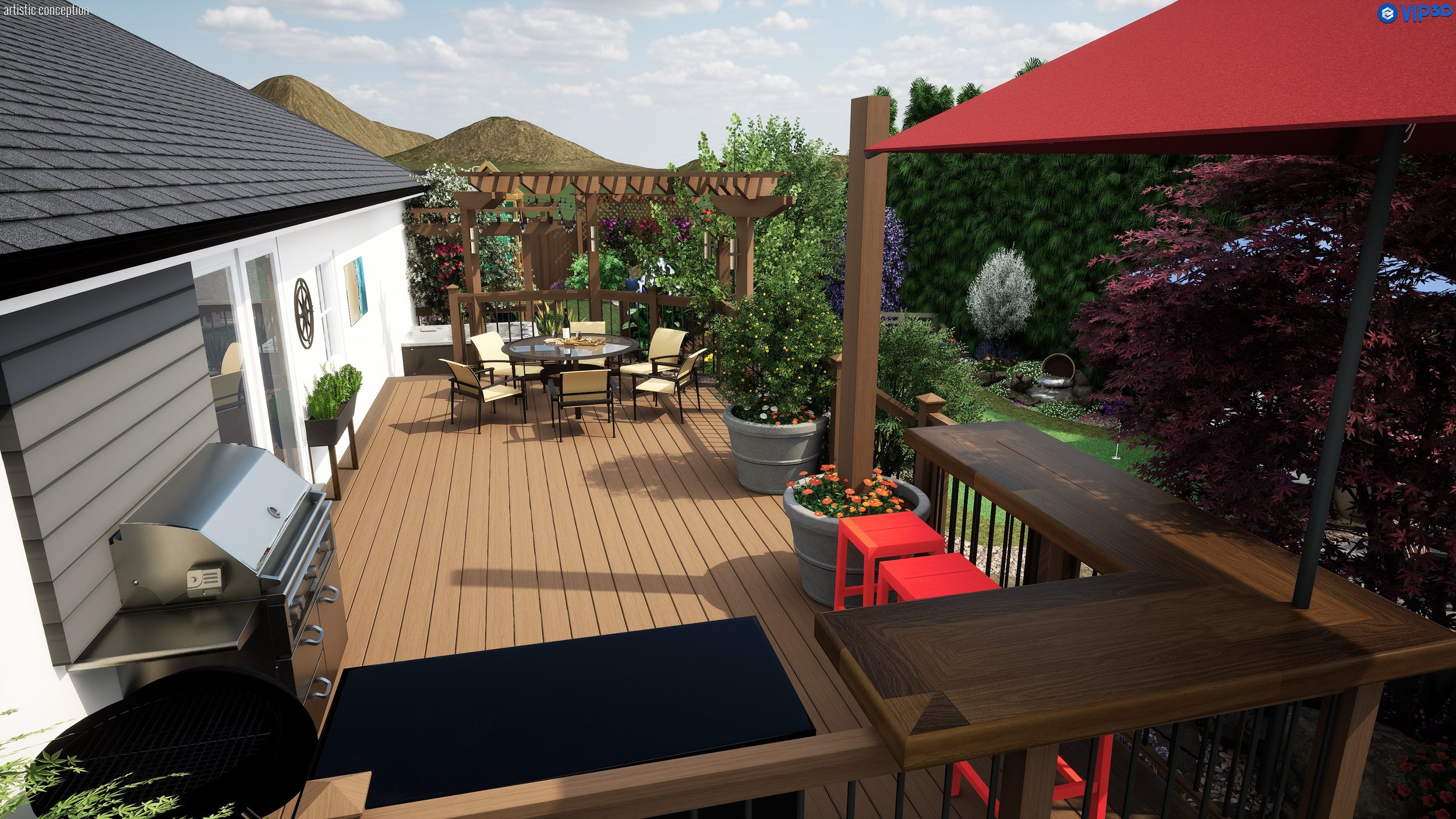 A backyard wooden deck with a dining table and chairs, surrounded by lush green plants, trees, and a red umbrella for shade.