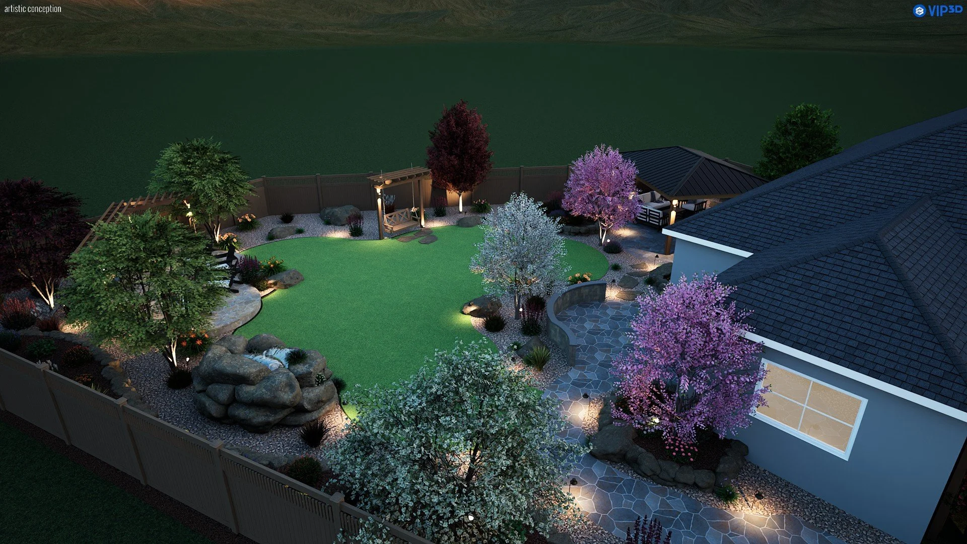 Night time 3D landscape rendering showing outdoor lighting, turf, patio, and seating area.