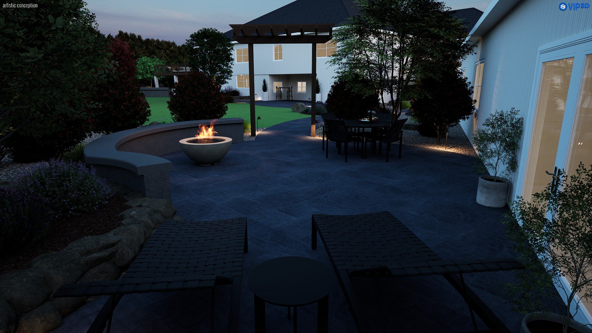 Nighttime estate landscape rendering with outdoor lighting, planting, and backyard entertaining space