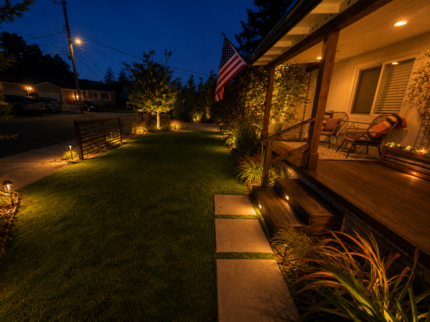 A house with a lit porch and garden at night, with an American flag hanging on the porch and outdoor lighting illuminating the bushes and walkway.