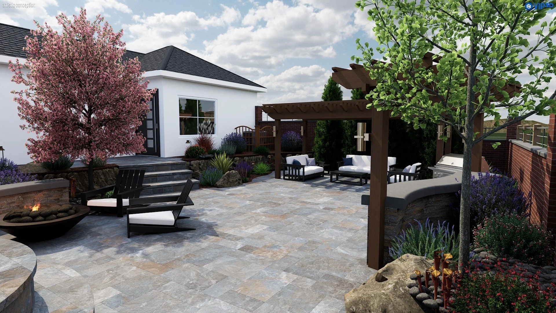 Outdoor entertaining design with patio dining, built-in grill, turf, and lighting. 