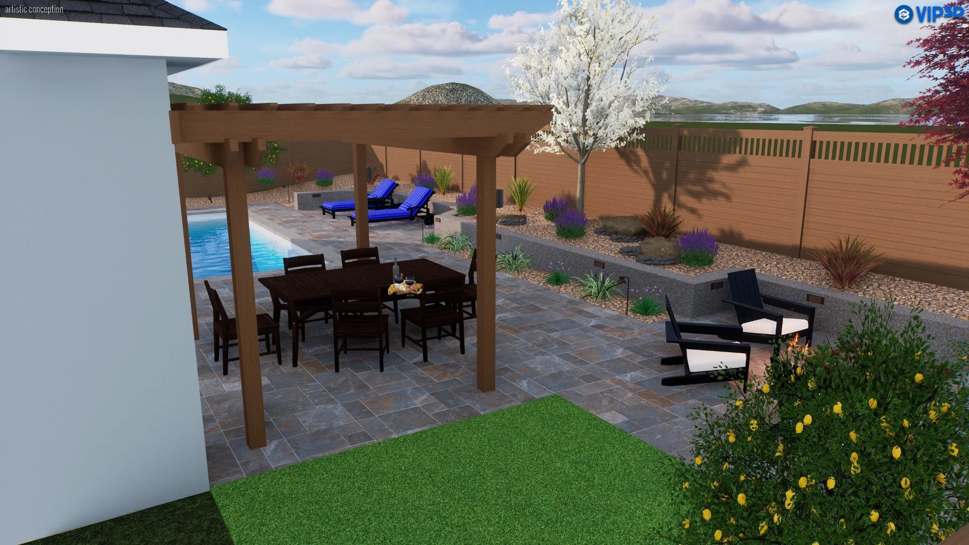 A backyard patio featuring a swimming pool, two purple lounge chairs, a wooden dining table with chairs under a wooden pergola, black chairs with white cushions, a rock garden with plants and trees, and a scenic view of hills and a lake in the backgr