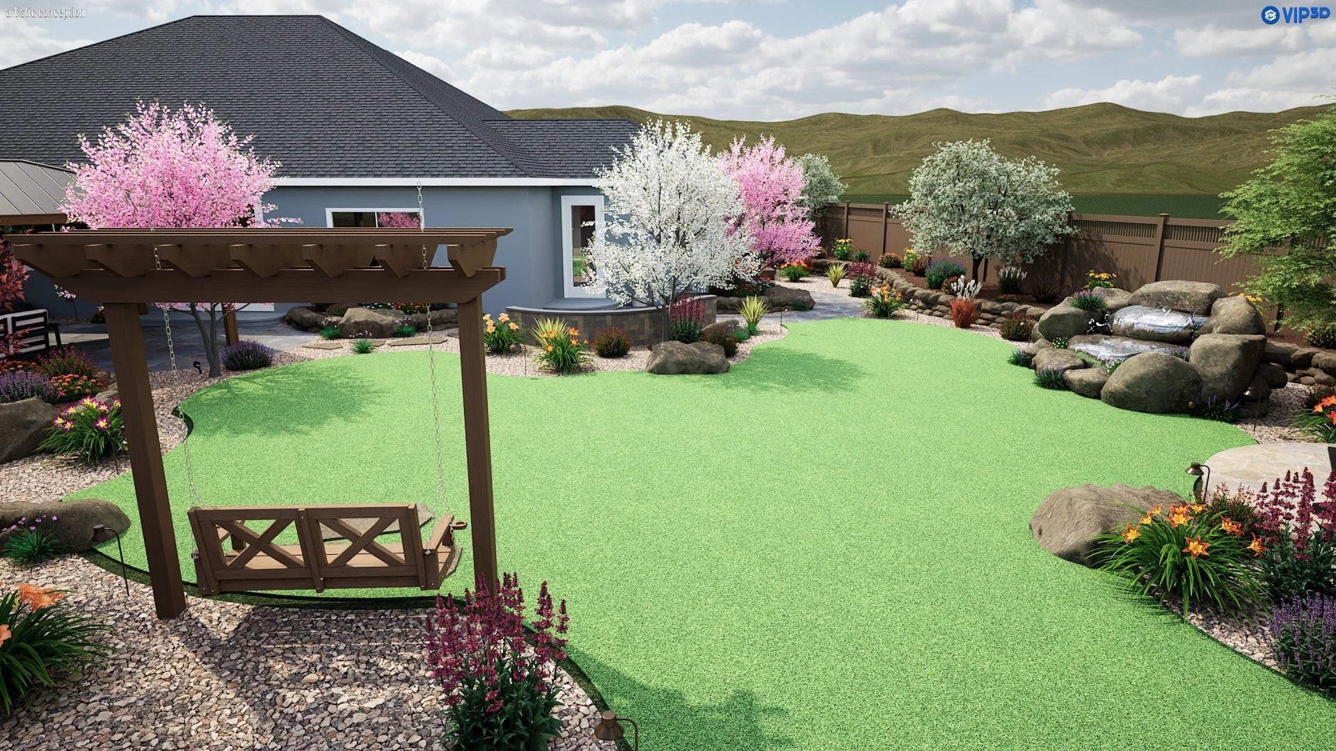 Large backyard 3D design with pergola, stone patio, planting, and outdoor living space. 
