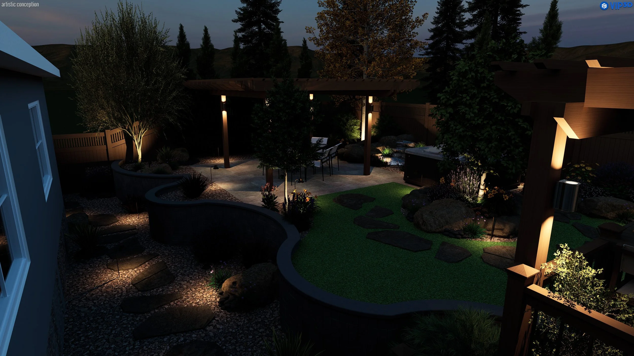 Nighttime 3D landscape rendering with outdoor lighting, patio seating, turf, and drought-tolerant planting. 