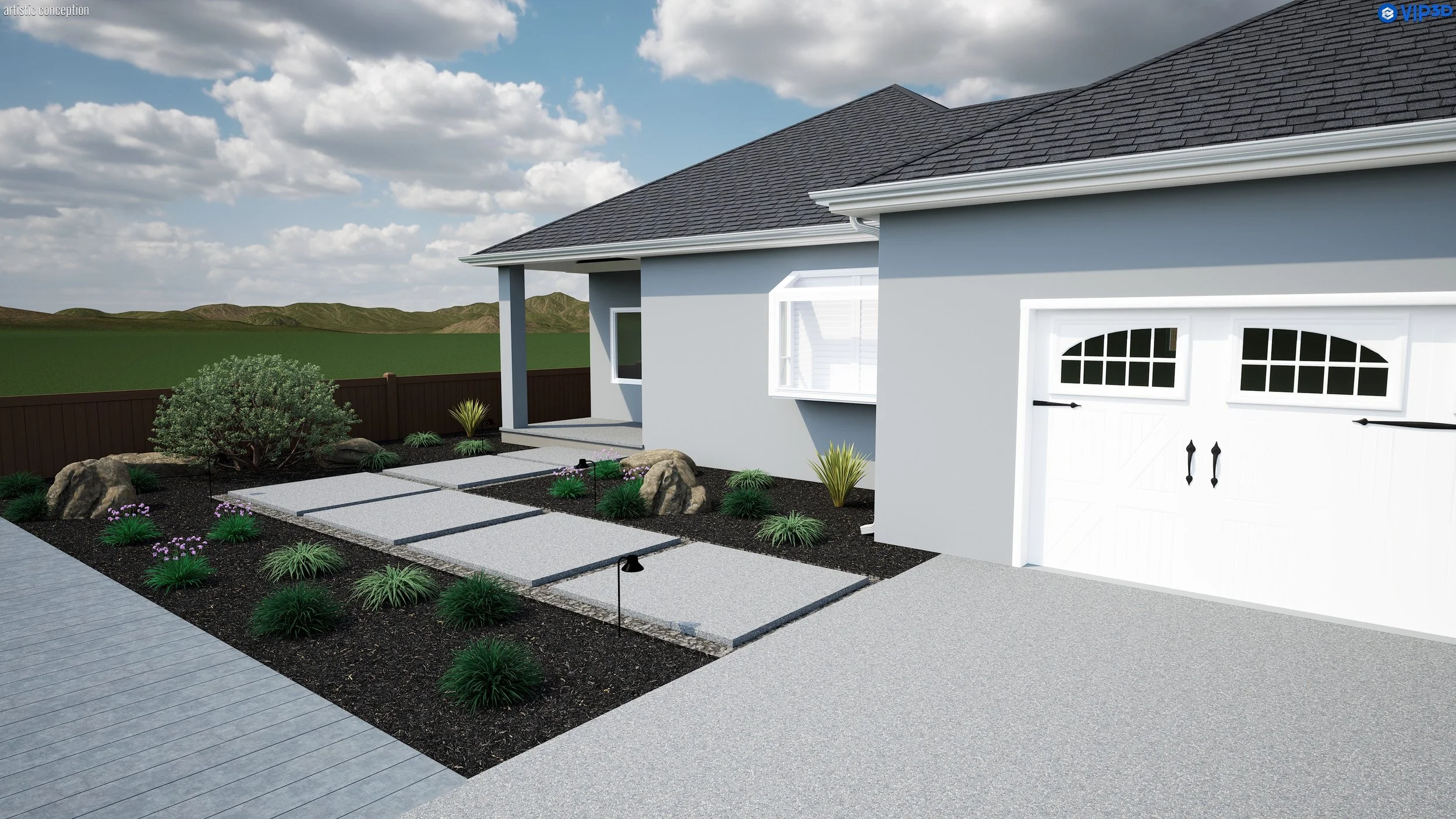 A modern house exterior with a light gray garage door, paved walkway, and landscaped yard with small plants, rocks, and a wooden fence in the background, under a partly cloudy sky.
