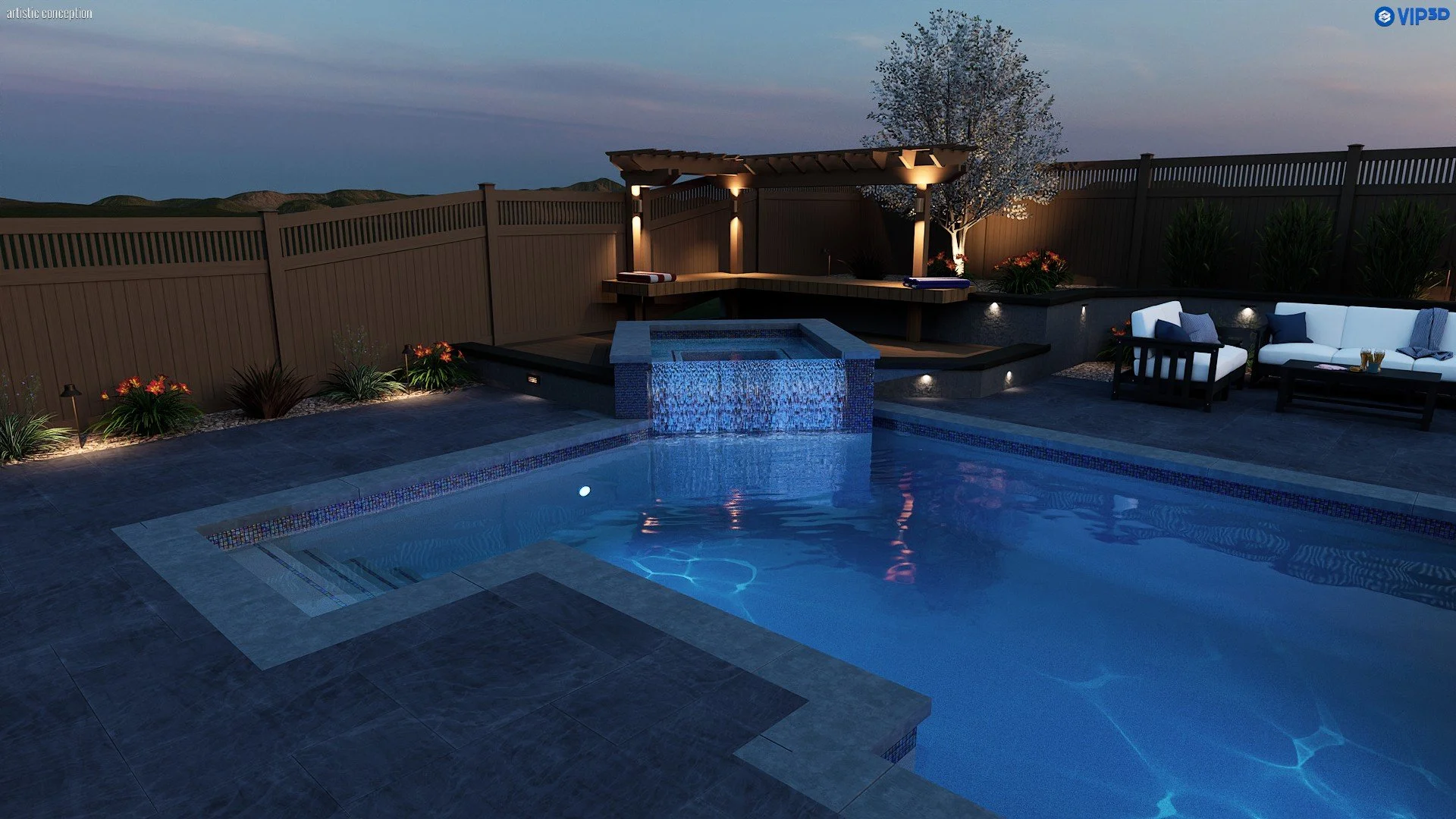Night time pool design rendering with outdoor lighting, patio furniture, and backyard entertaining space. 