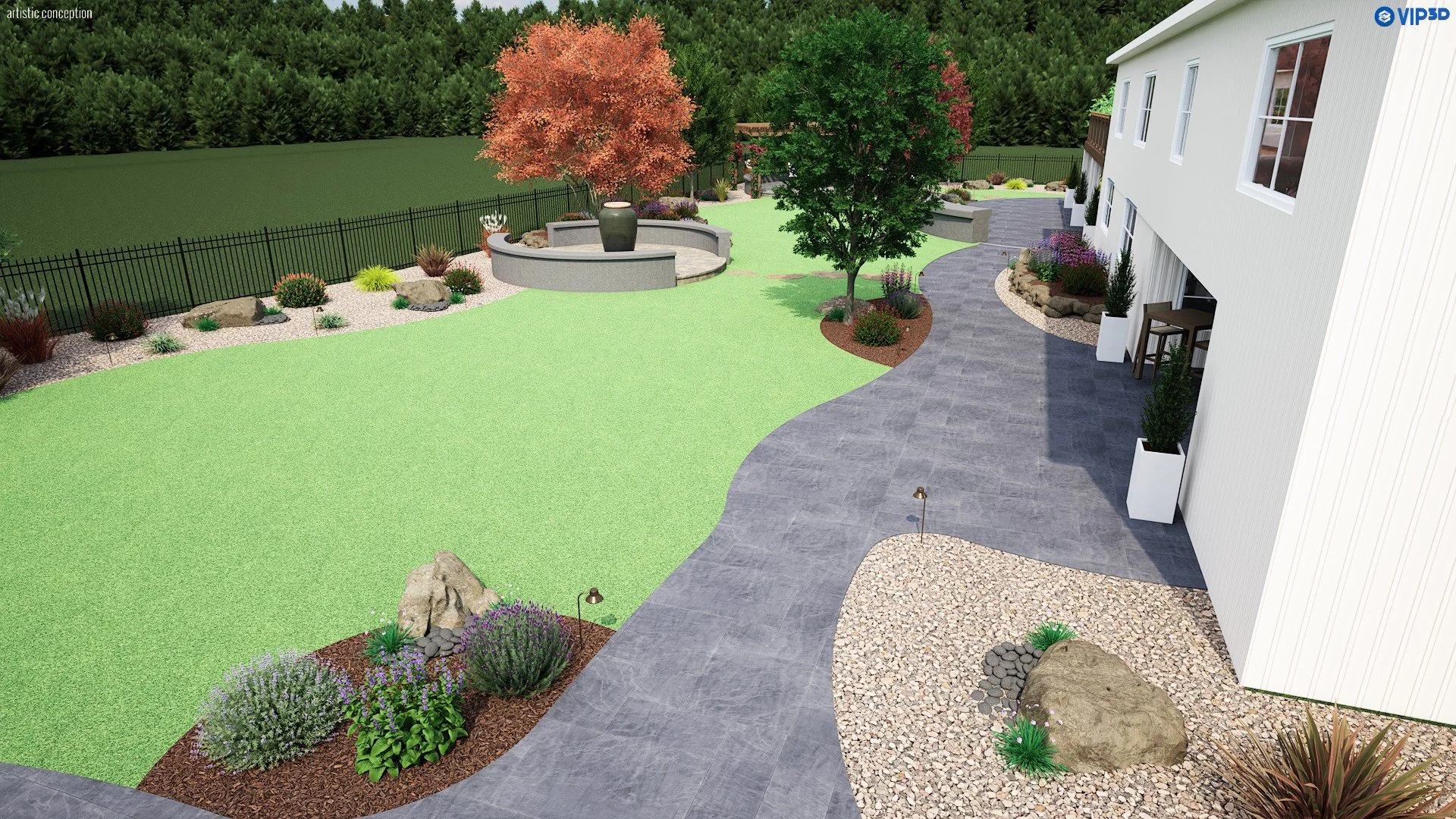 3D landscape rendering showing a spacious estate yard with patio areas, raised planters, and synthetic turf.