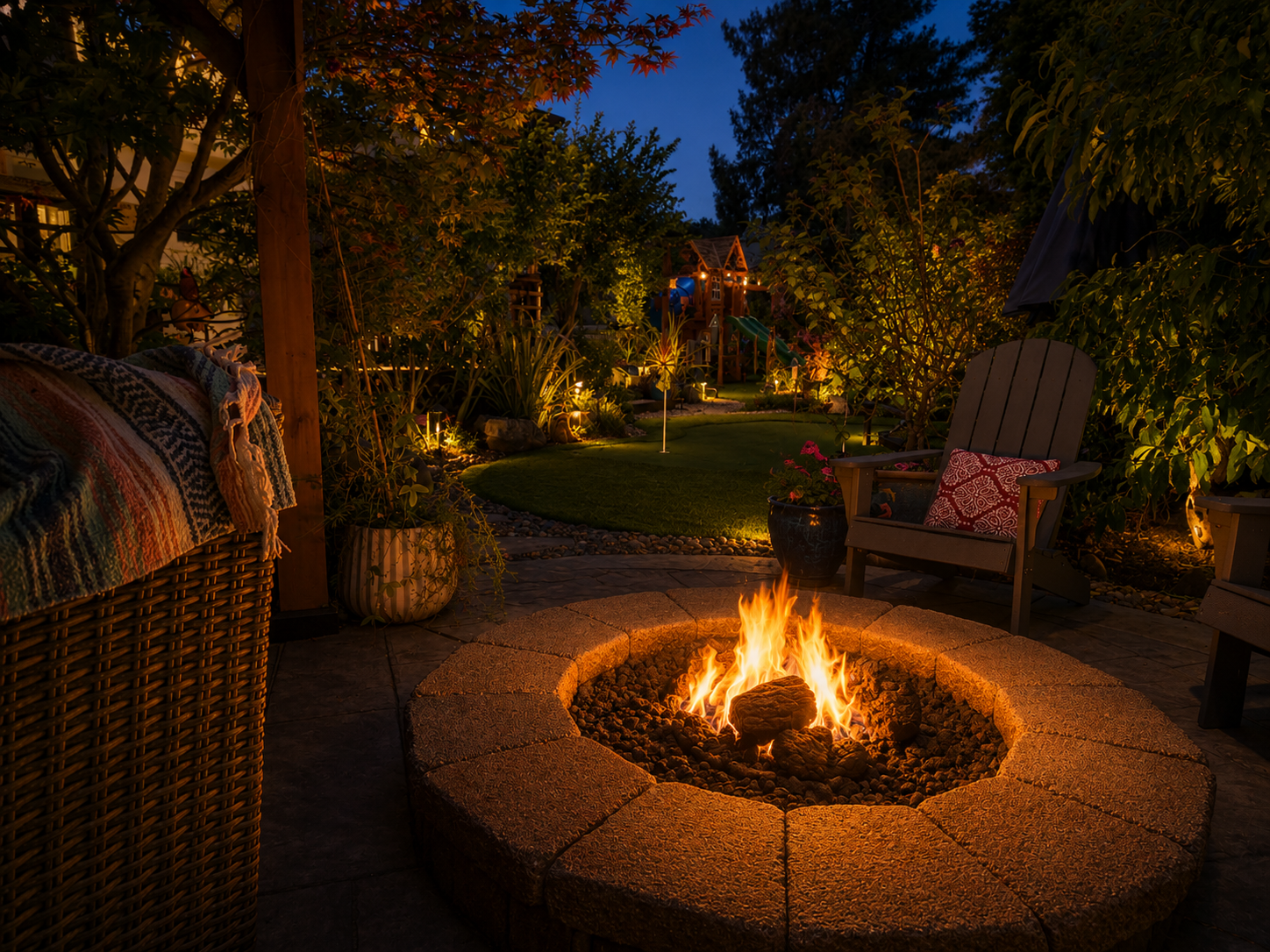 A cozy backyard at night featuring a lit fire pit, surrounded by outdoor chairs, plants, and garden lighting, with a backyard playhouse in the background.