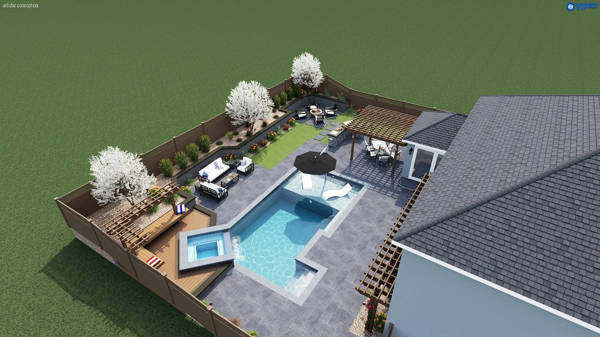 3D pool design in Livermore, CA with patio seating, pergola, and outdoor living space