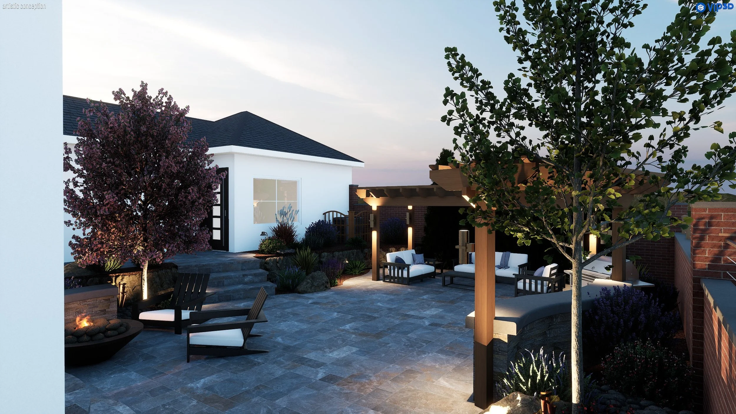 An outdoor patio area at dusk featuring a white house, purple blossoming and green-leaved trees, a fire pit with chairs, a pergola with seating, and landscape lighting.