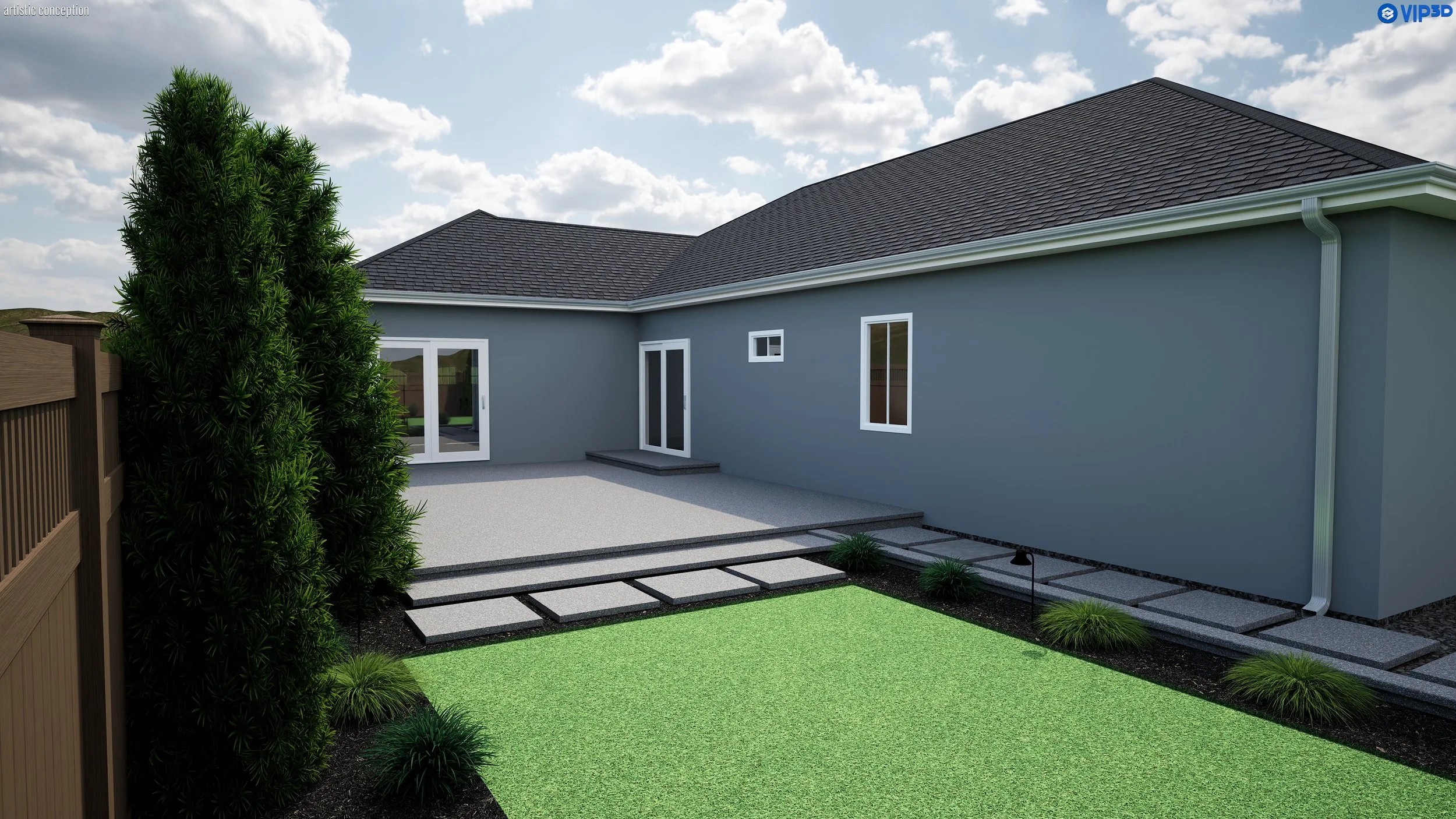 Backyard with a gray house, black shingle roof, and sliding glass door. There is a small concrete patio, a stepping stone pathway, a green artificial turf area, and a tall green bush on the left. The sky is partly cloudy.