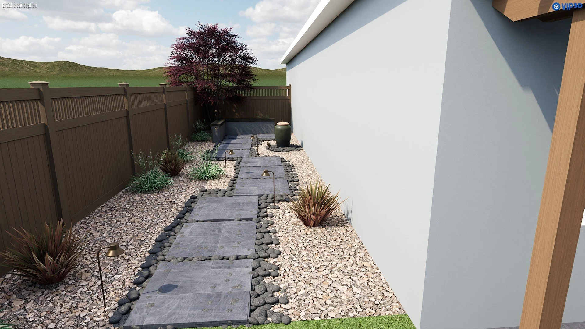 Backyard 3D design concept with swimming pool, turf, pergola, planting, and modern outdoor living layout.