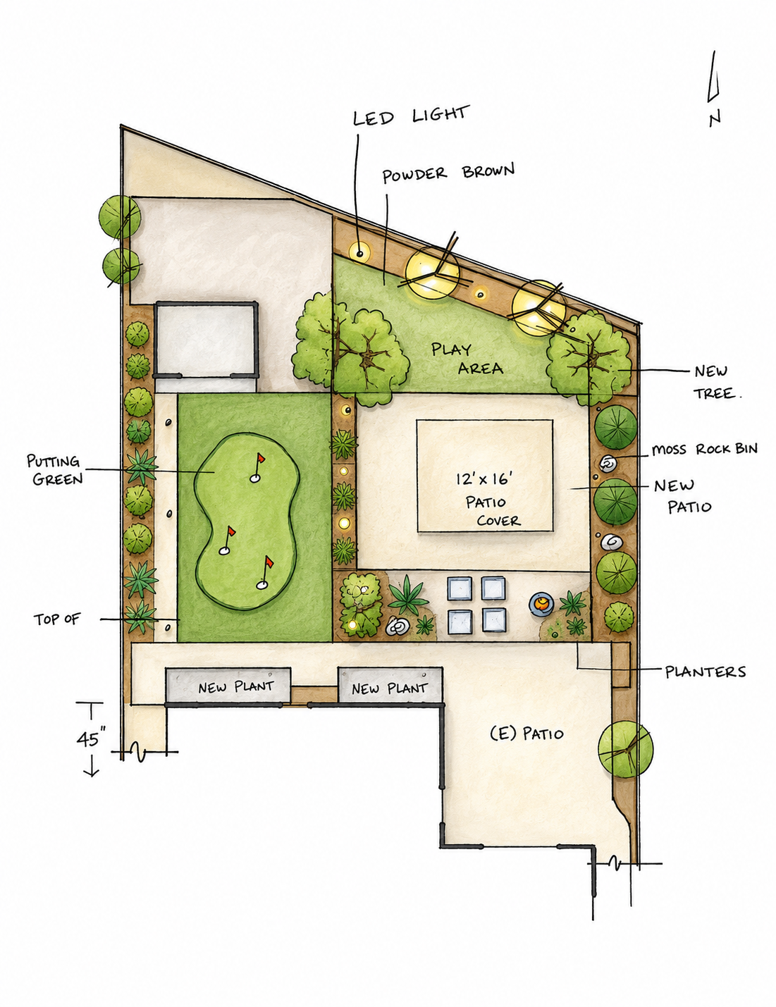 Landscape plan with a putting green, a play area, patio cover, several plants, trees, and lighting features.