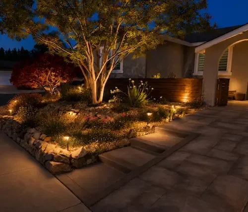 Low-voltage front yard landscape lighting and garden bed design in Livermore, CA