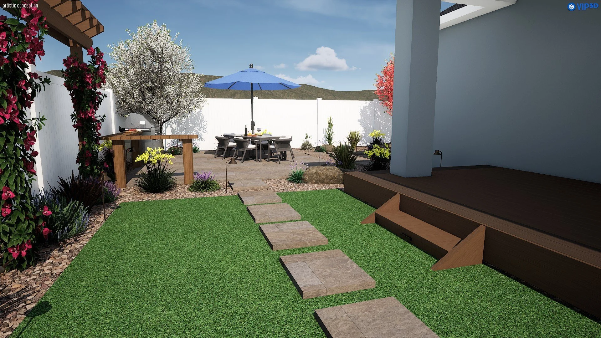 Modern backyard with a small lawn, stone pathway, flowering bushes, and trees, including a white blossom tree and a pink-leafed tree, with patio furniture shaded by a blue umbrella, stone grilling area, and a white fence in the background.